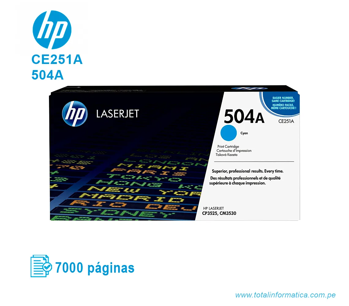 TONER HP 504A CYAN ( CE251A ) LASERJET CP3525, 7000 PGS - imagen 1