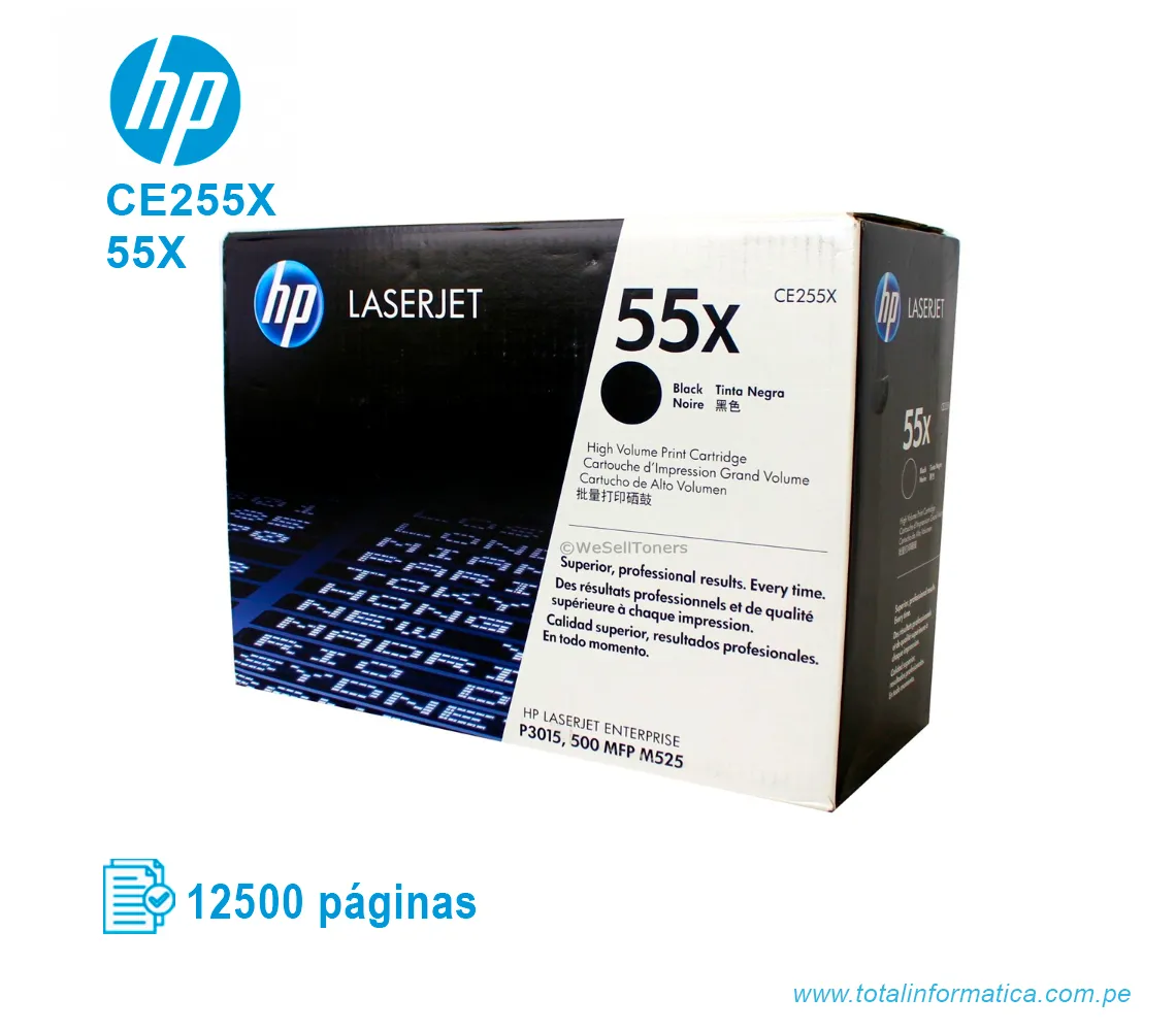 TONER HP 55X BLACK ( CE255X ) LASERJET P3015, 12.5K PGS - imagen 1