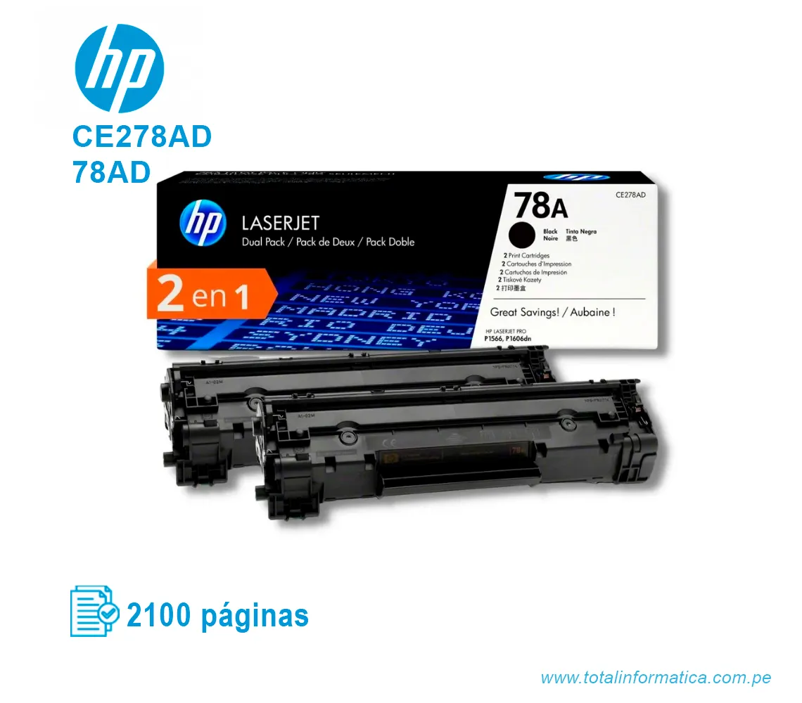 TONER HP 78AD BLACK DUAL PACK ( CE278AD ) LASERJET P1566, 2100 PGS - imagen 2