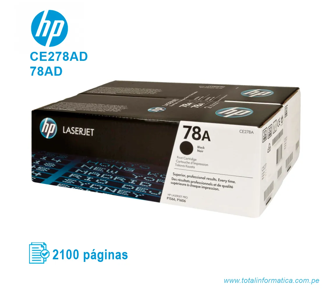 TONER HP 78AD BLACK DUAL PACK ( CE278AD ) LASERJET P1566, 2100 PGS - imagen 1