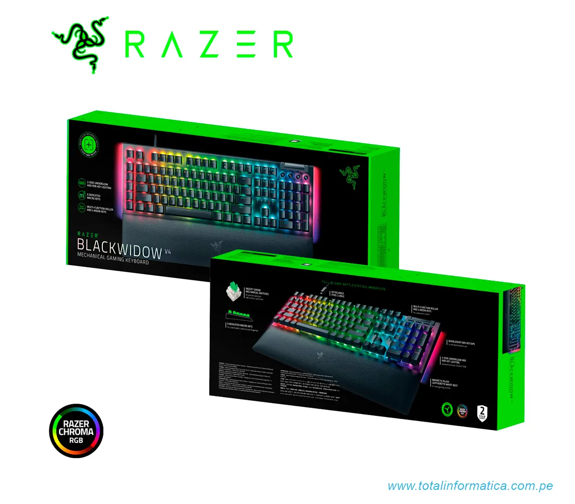 TECLADO GAMING RAZER BLACKWIDOW V4, MECANICO(SWITCH GREEN), US, CHROMA, NEGRO(RZ03-04690200-R3U1) - imagen 2