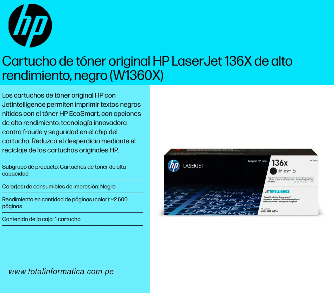 TONER HP 136X W1360X L.J. M211 BLACK,  2600 PGS     - imagen 3