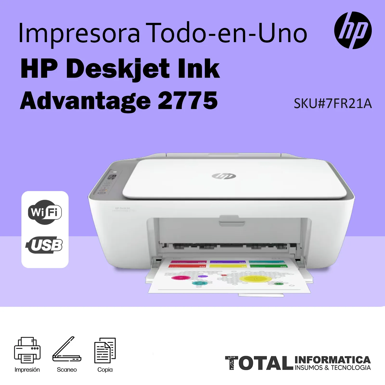 IMPRESORA TODO EN UNO HP DESKJET INK ADVANTAGE 2775, A4, 4800X1200 DPI, 7.5PPM,WIFI - imagen 1