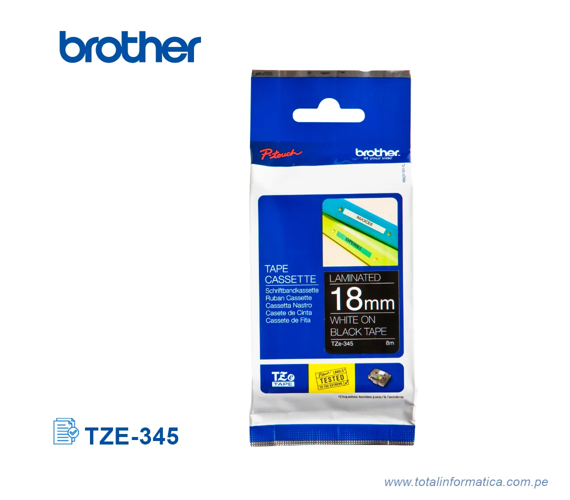 CINTA BROTHER TZE-345/TZE345 18 MM WHITE ON BLACK 3/4" - imagen 1