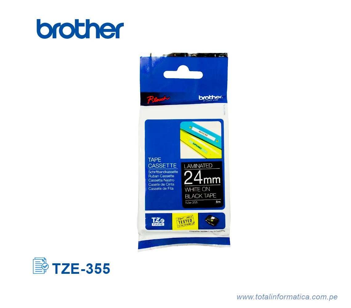 CINTA BROTHER TZE-355 24MM WHITE ON BLACK 1" - imagen 1