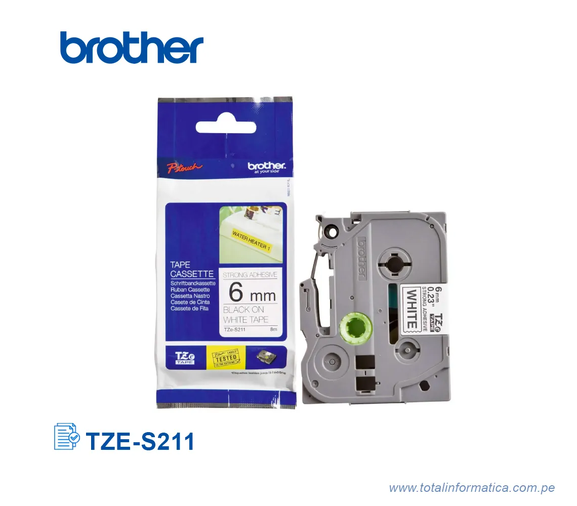 CINTA BROTHER TZE-S211/TZES211 6 MM BLACK ON WHITE 1/4" - imagen 2