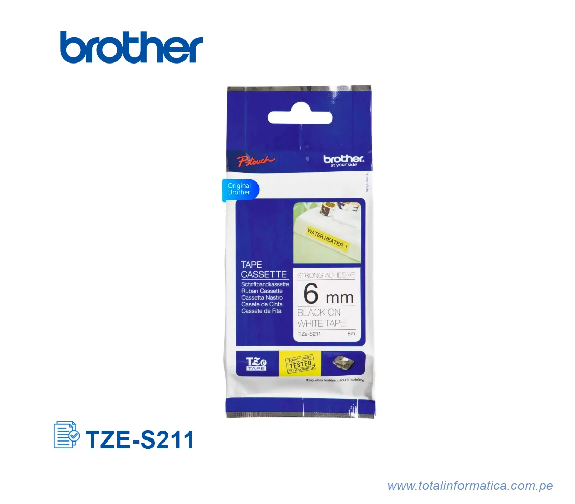 CINTA BROTHER TZE-S211/TZES211 6 MM BLACK ON WHITE 1/4" - imagen 1