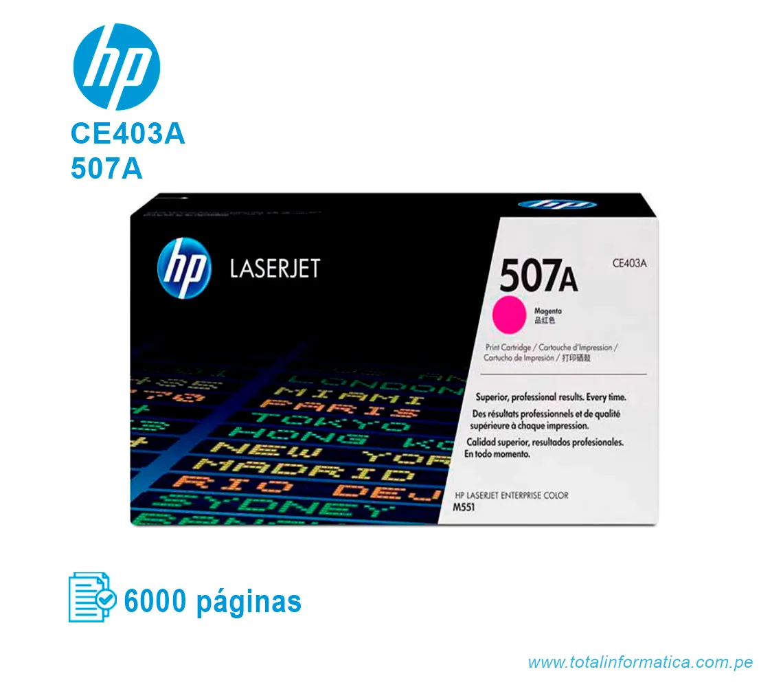 TONER HP 507A MAGENTA ( CE403A ) LASERJET M551N, 6000 PGS - imagen 1