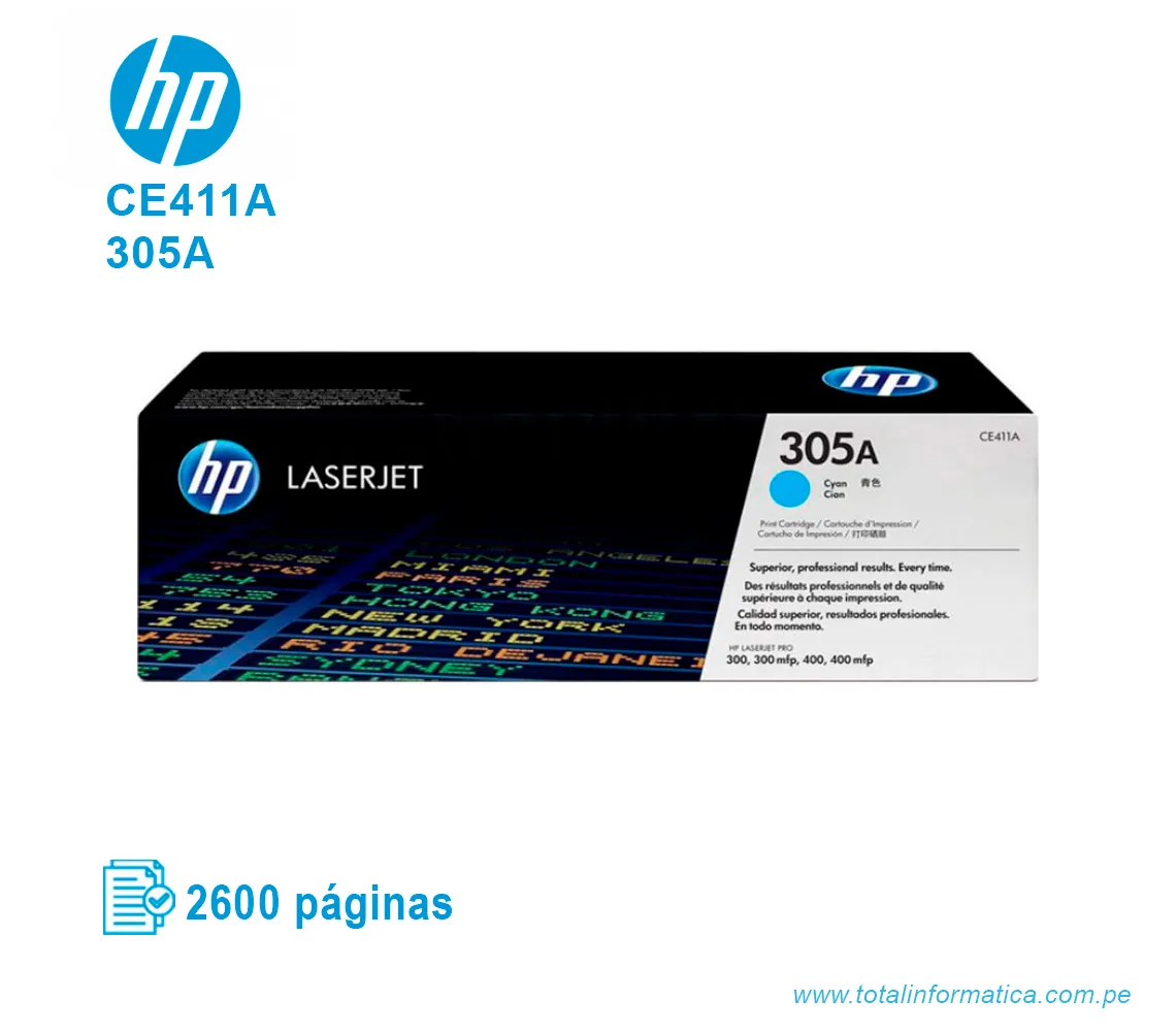 TONER HP 305A CYAN ( CE411A ) LASERJET M551N, 2600 PGS - imagen 1