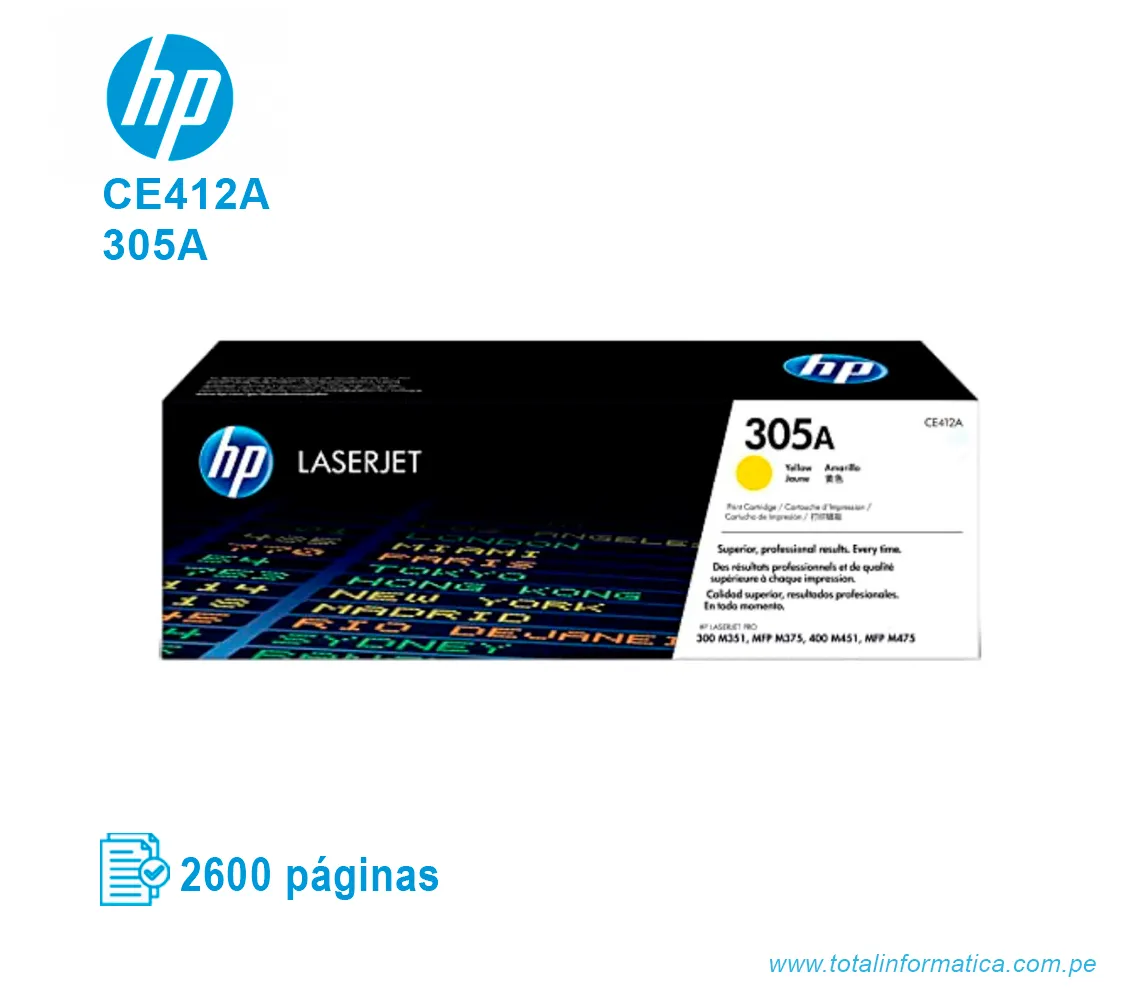 TONER HP 305A YELLOW ( CE412A ) LASERJET M551N, 2600 PGS - imagen 1