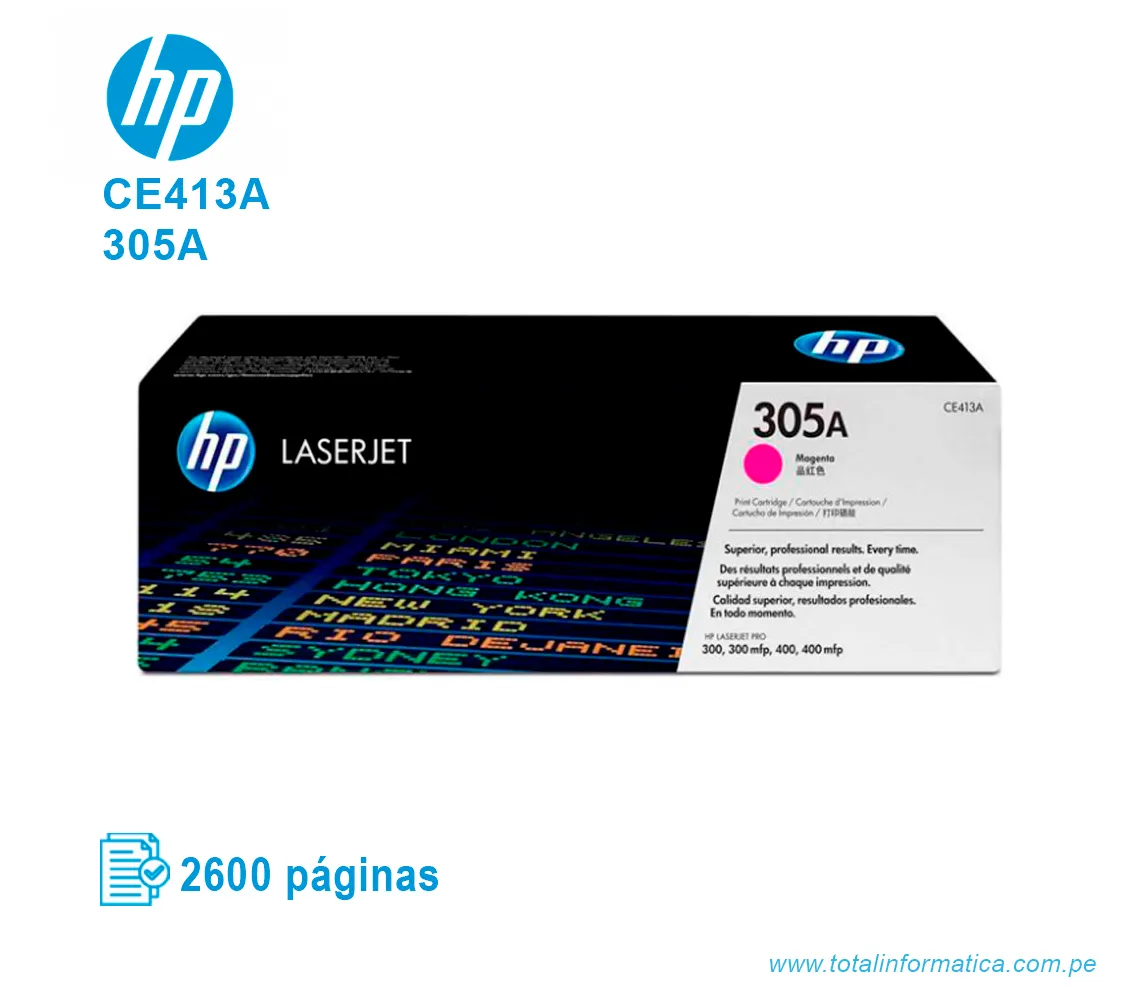 TONER HP 305A MAGENTA ( CE413A ) LASERJET M551N, 2600 PGS - imagen 1