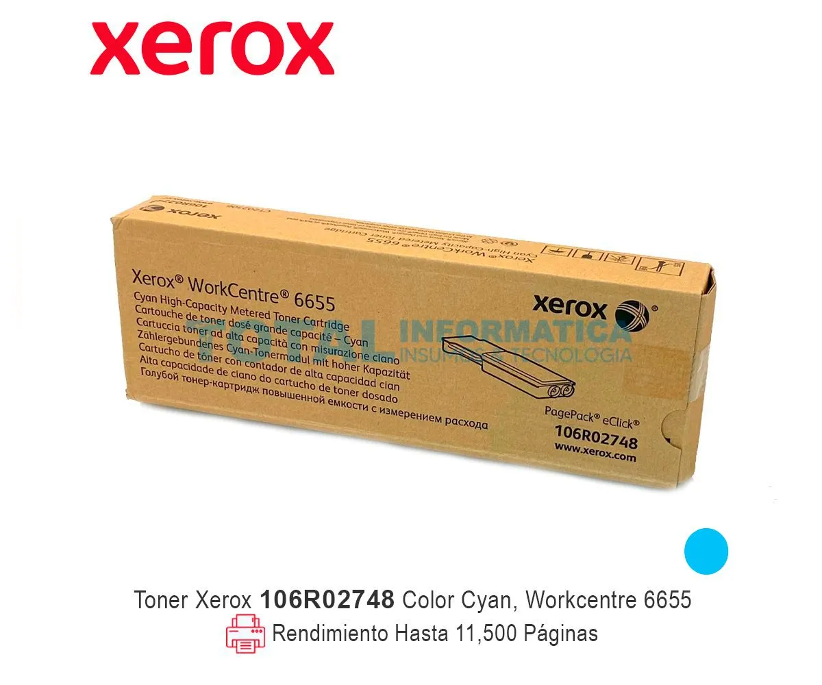TONER XEROX ( 106R02748 ) WORKCENTRE 6655, CYAN METERED, 11.5K - imagen 1