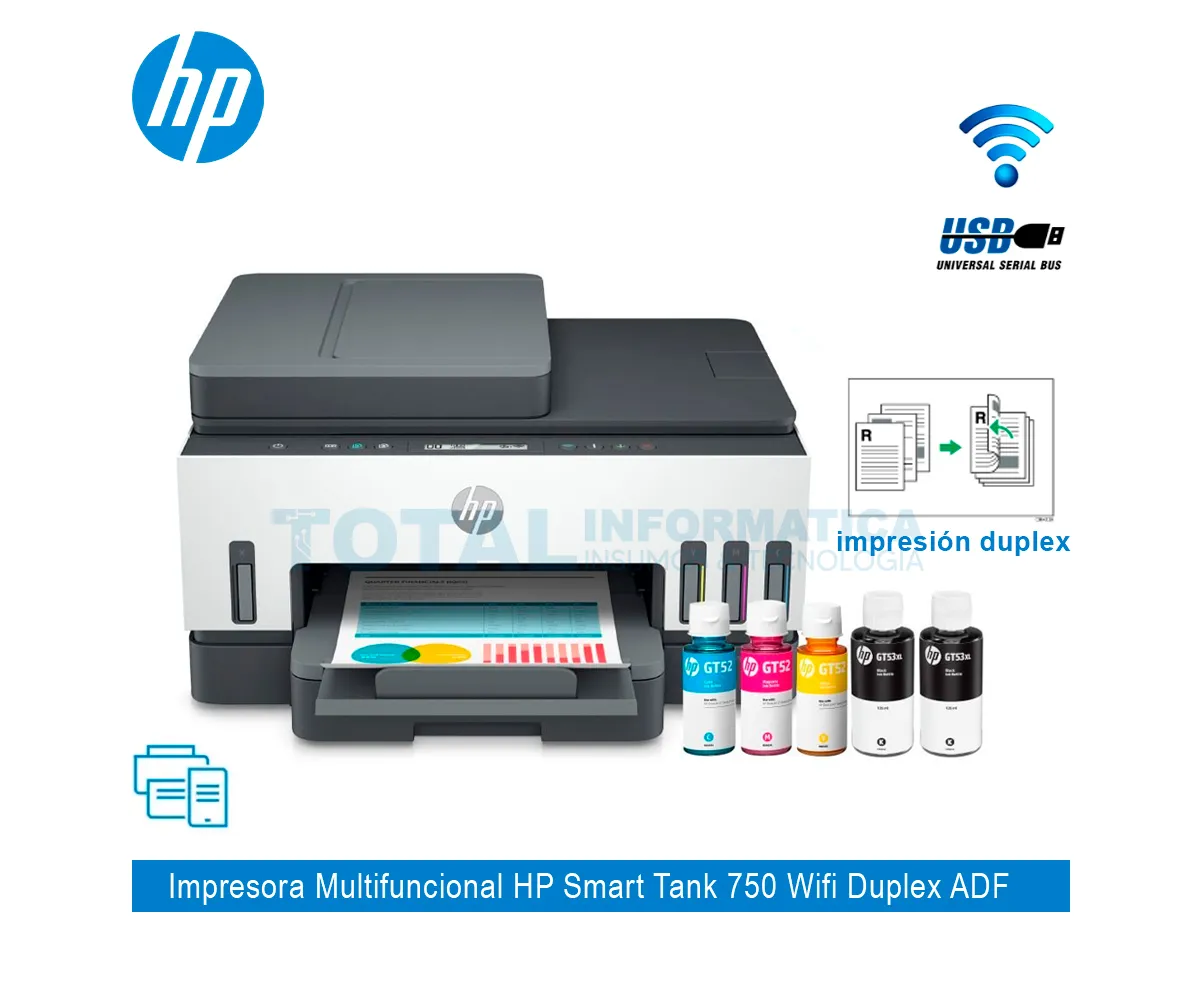 MULTIFUNCIONAL HP SMART TANK 750, ADF, DUPLEX, WIFI, USB, BLUETOOTH - imagen 1