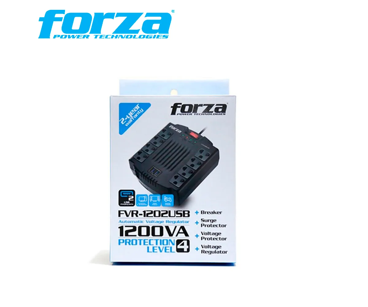 ESTABILIZADOR FORZA, 8 TOMAS 220V, 1200VA, 2 USB, FVR-1202USB. - imagen 2