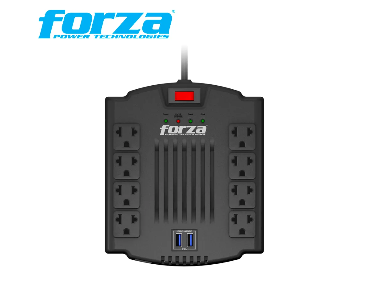 ESTABILIZADOR FORZA, 8 TOMAS 220V, 1200VA, 2 USB, FVR-1202USB. - imagen 1
