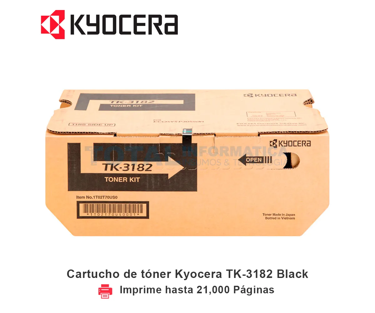 TONER KYOCERA TK-3182 BLACK, ECOSYS P3055DN, M3655IDN, 21,000 PAGINAS - imagen 1
