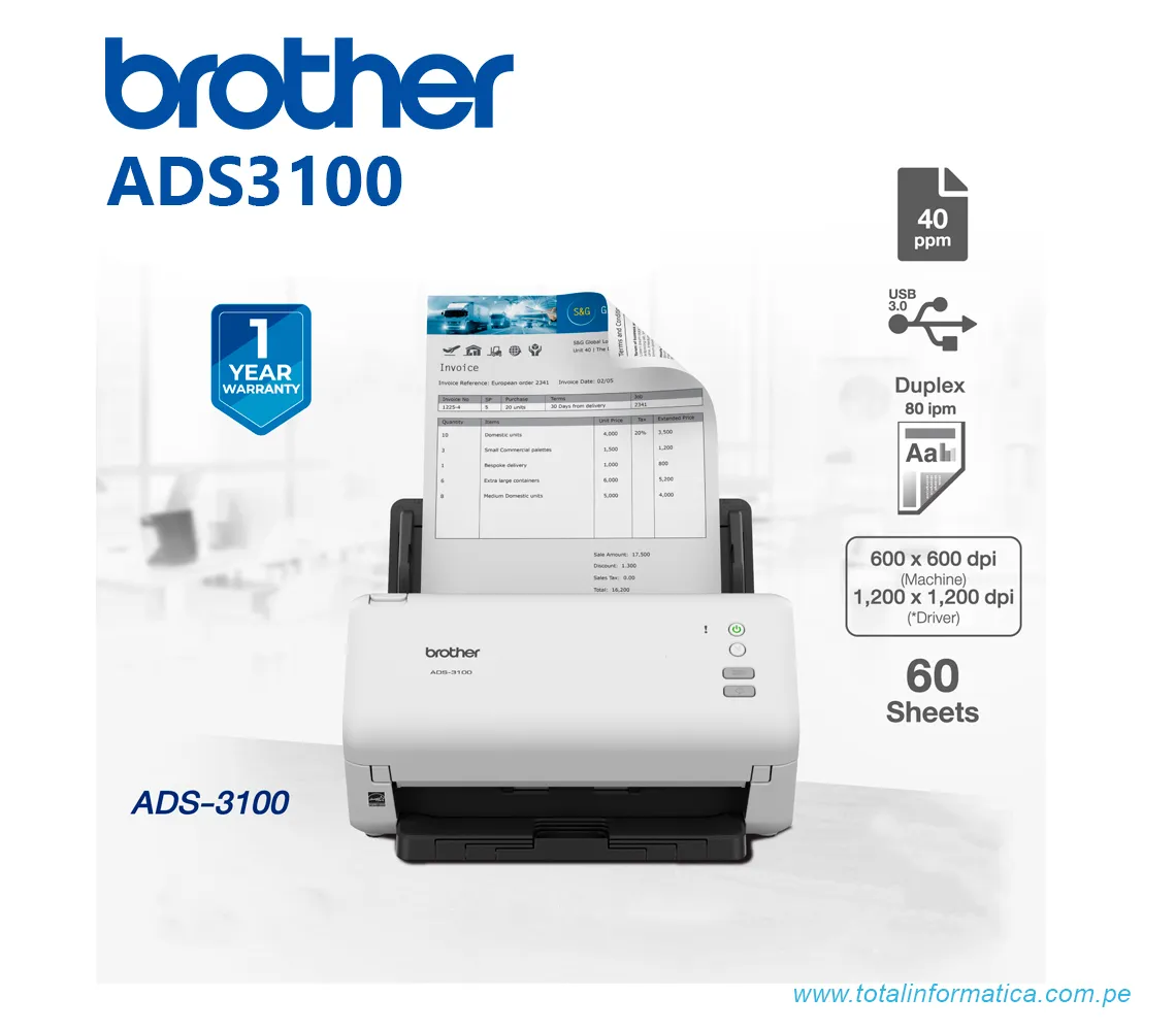 ESCANER DE ESCRITORIO BROTHER ADS-3100, DUPLEX, 40PPM, USB 3.0 - imagen 1