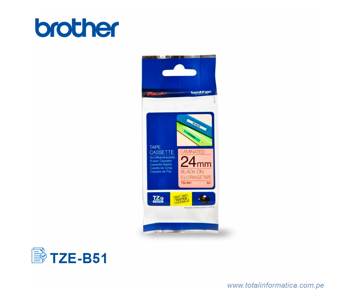 CINTA BROTHER TZEB51 24MM BLACK ON FLUORESCENT ORANGE 1" - imagen 1