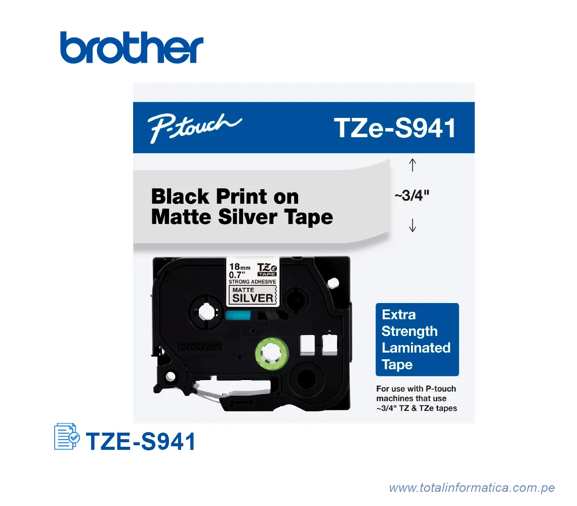 CINTA BROTHER TZES941, 18 MM BLACK ON MATE SILVER 3/4" - imagen 1