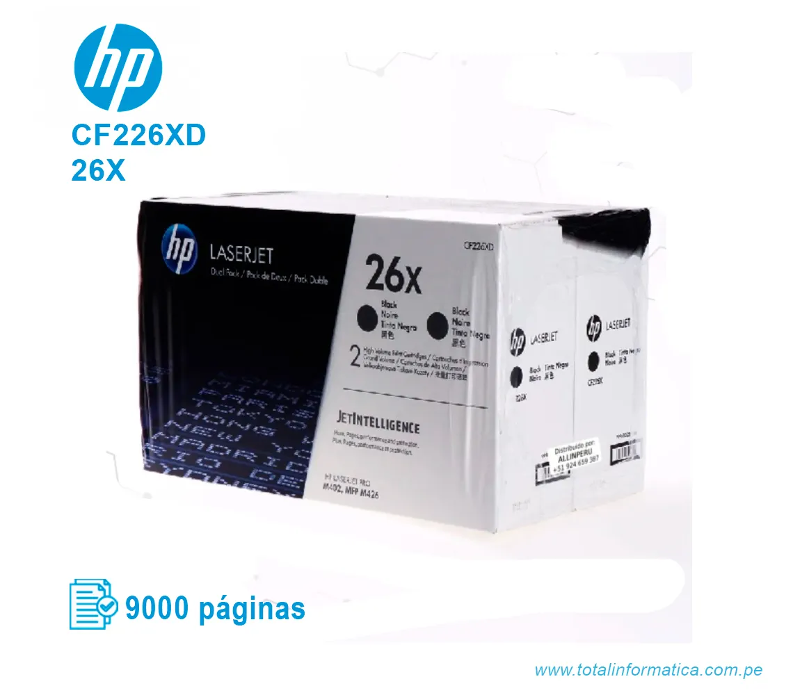 TONER HP 26X BLACK DUAL PACK ( CF226XD ) LASERJET PRO M402, 18K PGS - imagen 1