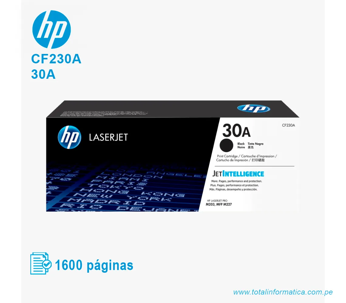 TONER HP 30A BLACK ( CF230A ) LASERJET PRO M203DW, 1.6K PGS - imagen 1