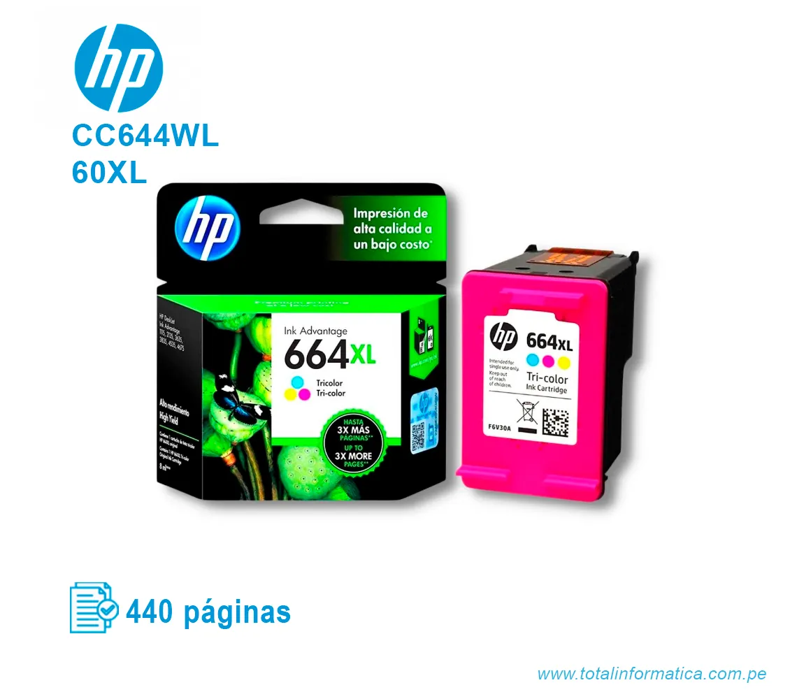 TINTA HP 60XL TRICOLOR ( CC644WL ) DESKJET D1660, 440 PÁG - imagen 2