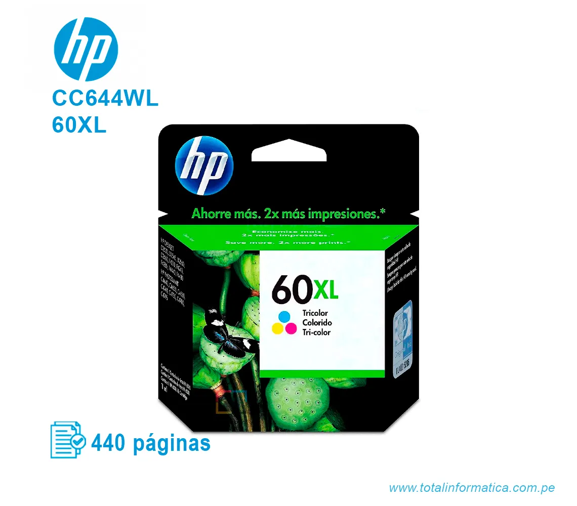TINTA HP 60XL TRICOLOR ( CC644WL ) DESKJET D1660, 440 PÁG - imagen 1