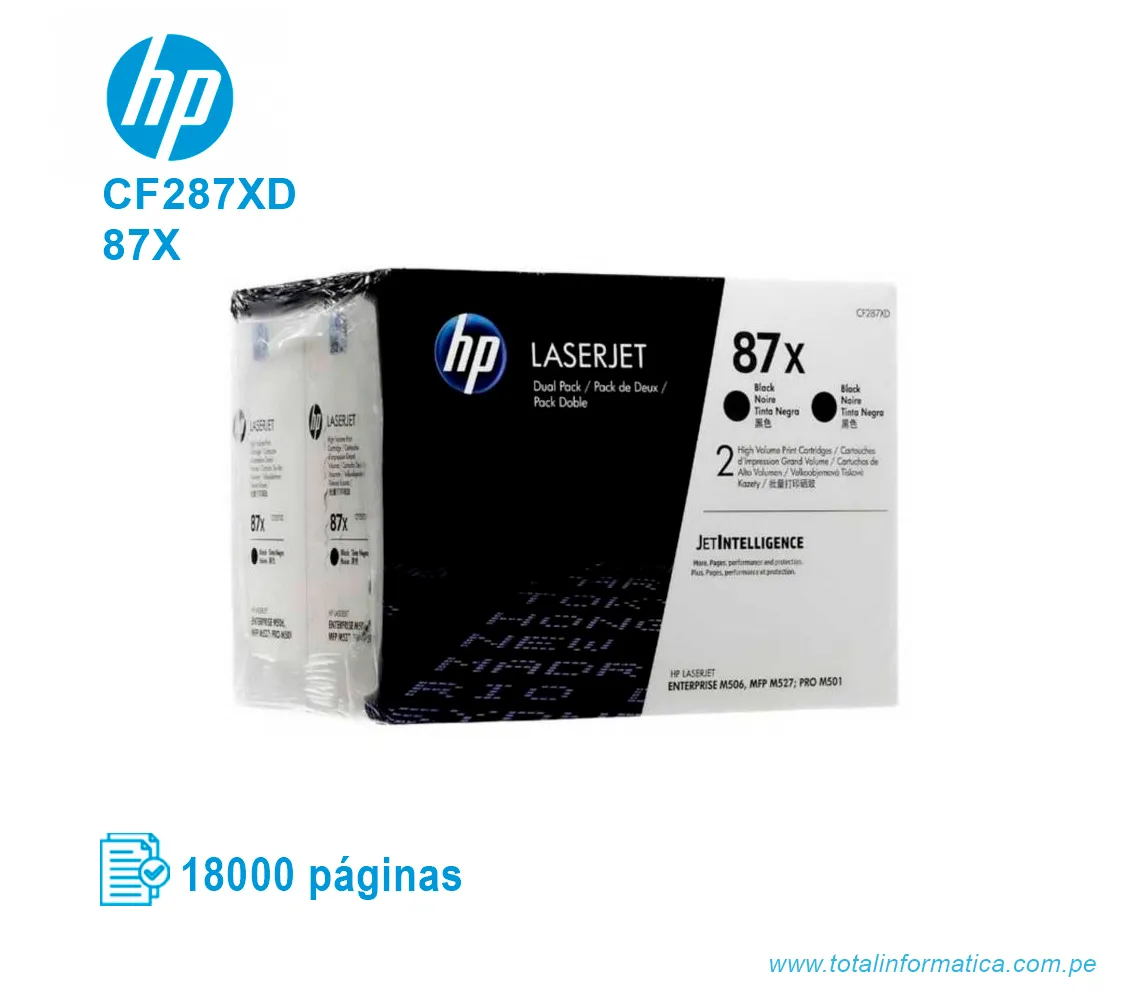 TONER HP 87X BLACK DUAL PACK ( CF287XD ) LASERJET M506, 18K PGS - imagen 1