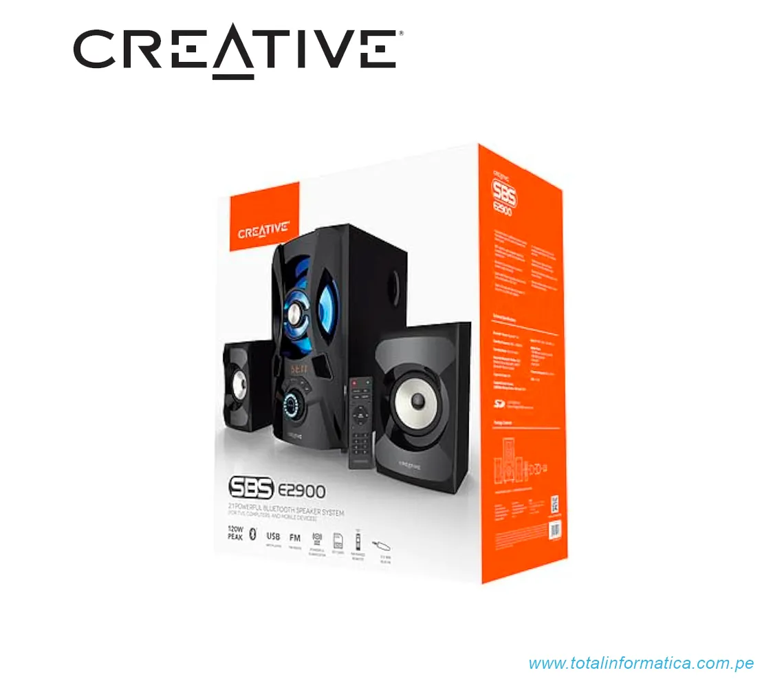 PARLANTE CREATIVE E2900 2.1, 60W/120W, BLUETOOTH/FM/USB/SD/3.5MM, 220V, LUZ LED, NEGRO(51MF0490AA001) - imagen 3