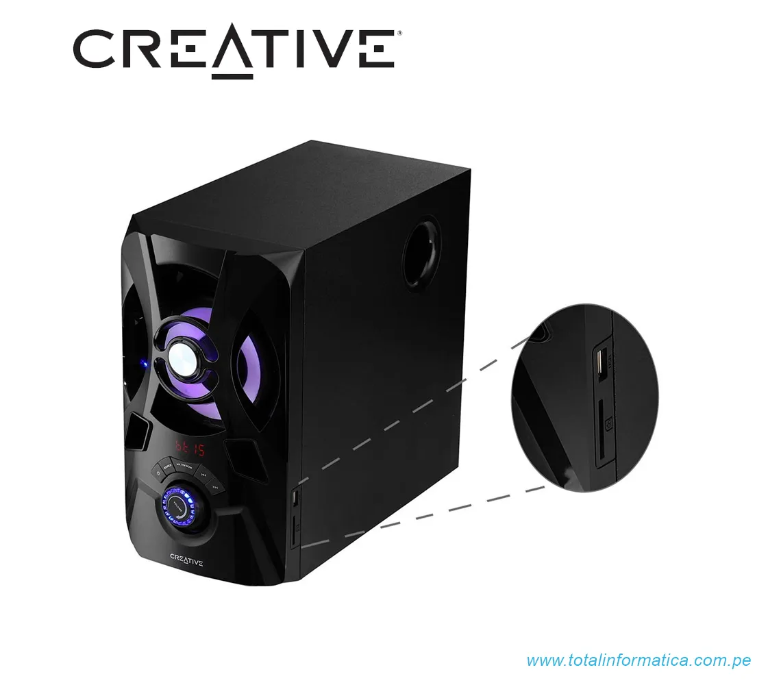 PARLANTE CREATIVE E2900 2.1, 60W/120W, BLUETOOTH/FM/USB/SD/3.5MM, 220V, LUZ LED, NEGRO(51MF0490AA001) - imagen 2
