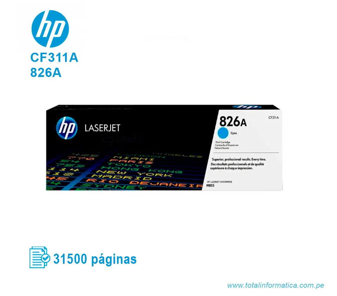 TONER HP 826A CYAN ( CF311A ) LASERJET M855DN, 31500 PGS - imagen 1