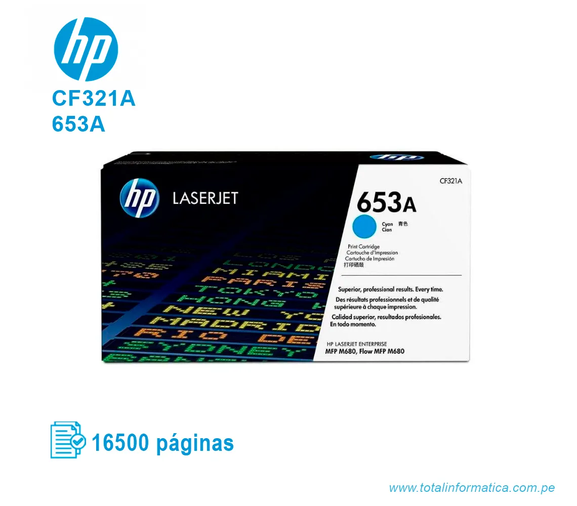 TONER HP 653A CYAN ( CF321A ) LASERJET M680, 16.5K PGS - imagen 1
