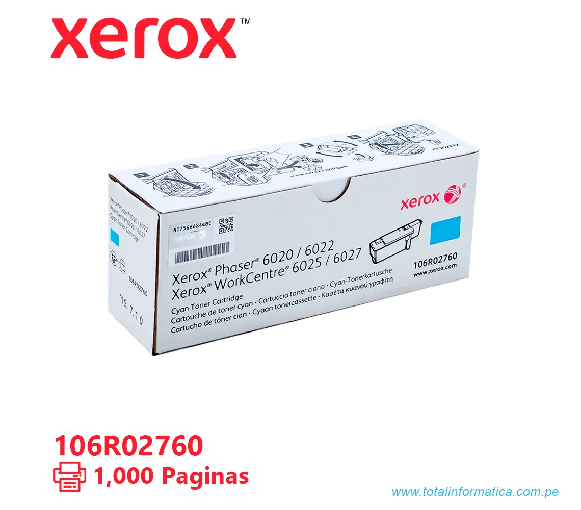 TONER XEROX ( 106R02760 ) PHASER 6020, 6027 CYAN, 1000 PAG - imagen 2