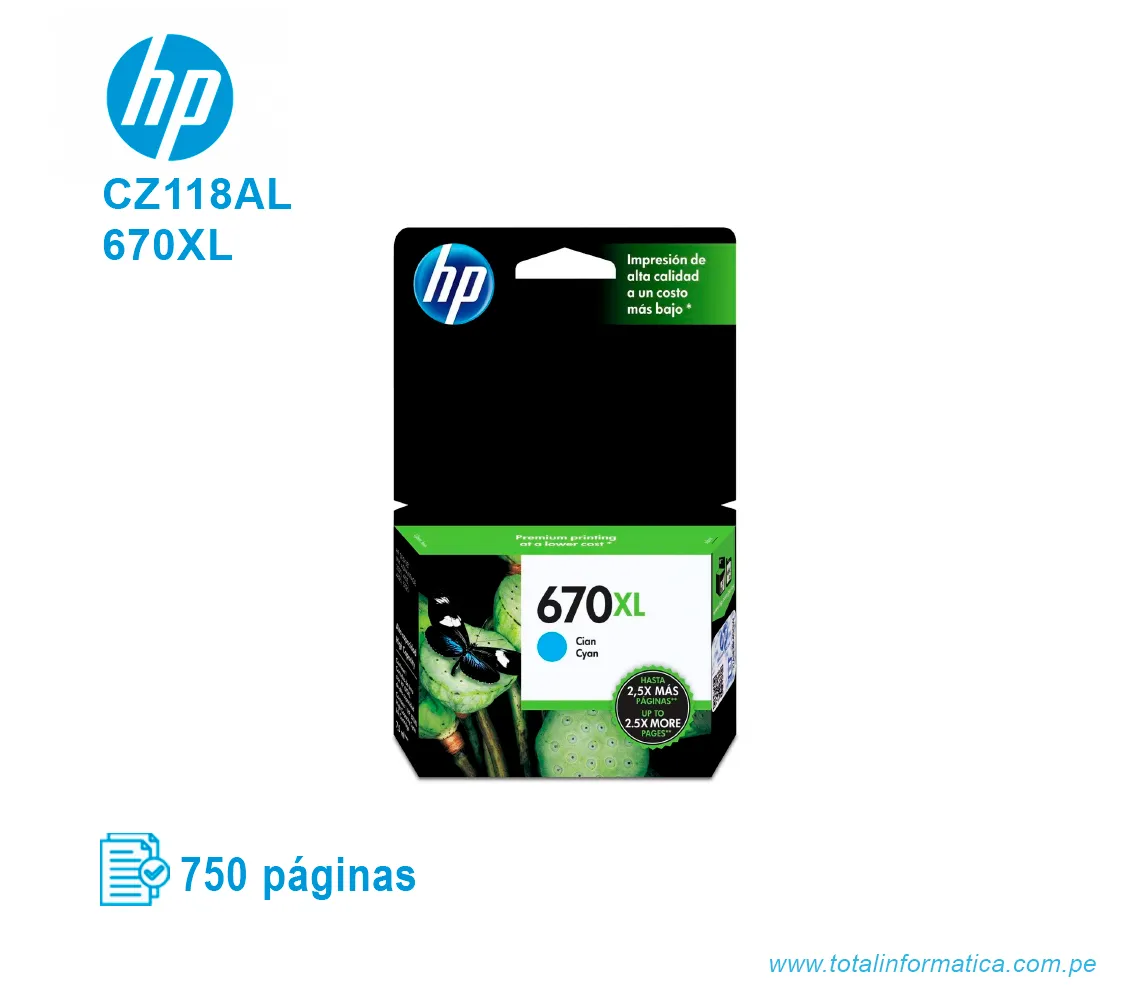 TINTA HP 670XL CYAN ( CZ118AL ) ADVANTAGE 3525, 750 PÁG - imagen 1