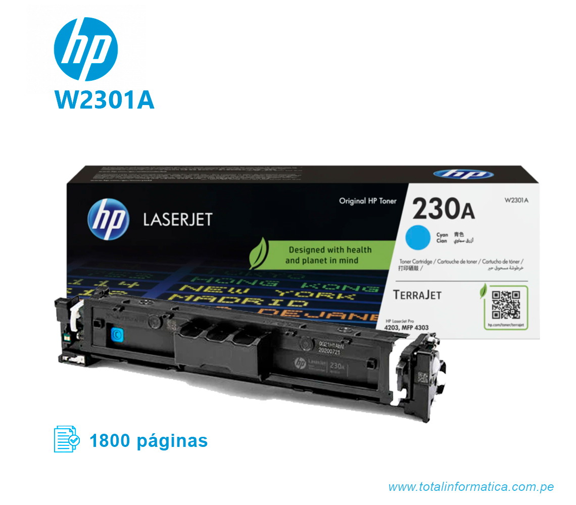 TONER HP 230A W2301A CYAN, PARA LASERJET PRO 4203, MFP 4303, 1800 PAGS