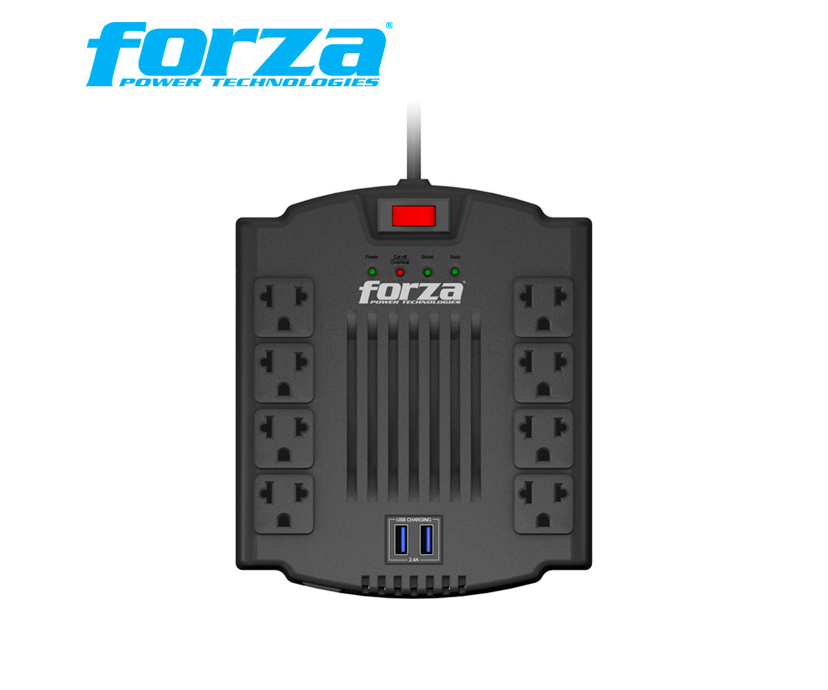 ESTABILIZADOR FORZA, 8 TOMAS 220V, 1200VA, 2 USB, FVR-1202USB. - imagen 1
