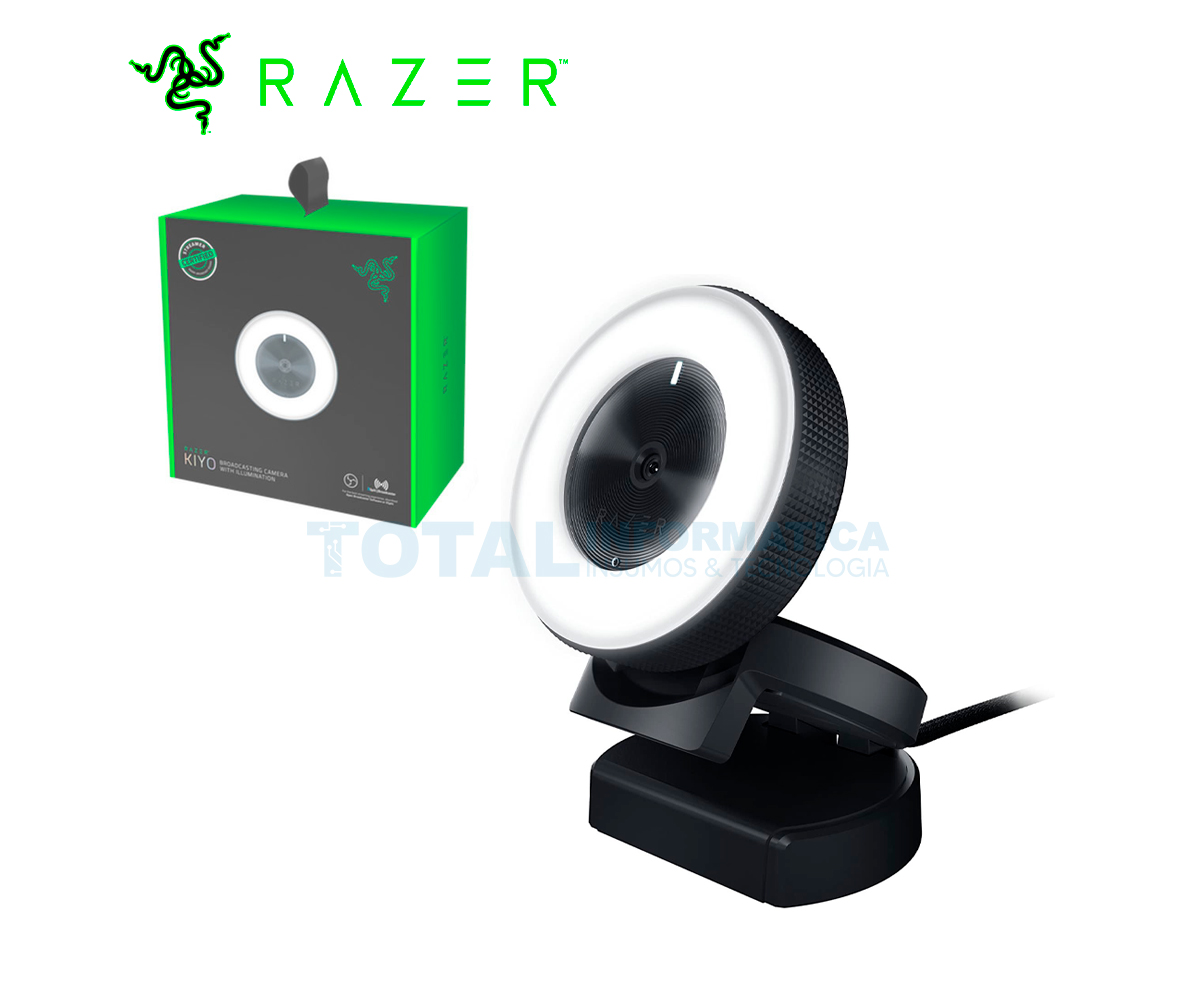 Cámara web para streaming Razer Kiyo: 1080 pa 30 FPS o 720 pa 60 FPS.  Anillo de luz con brillo ajustable. Micrófono incorporado. Autofocus  avanzado.